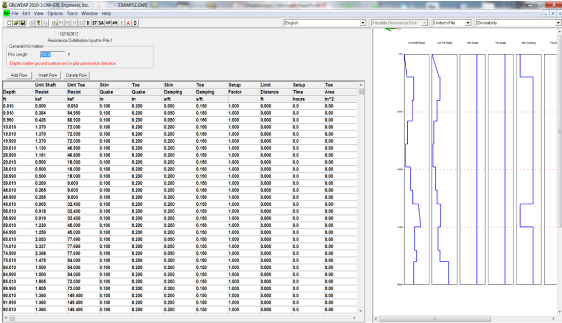 Input screen for user-specified unit side friction and tip resistance